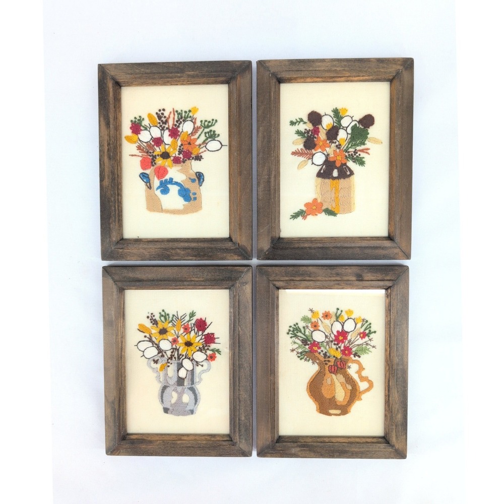 Vintage Set of 4 Crewel Embroidery Art Framed Floral Still Life 8"x6"